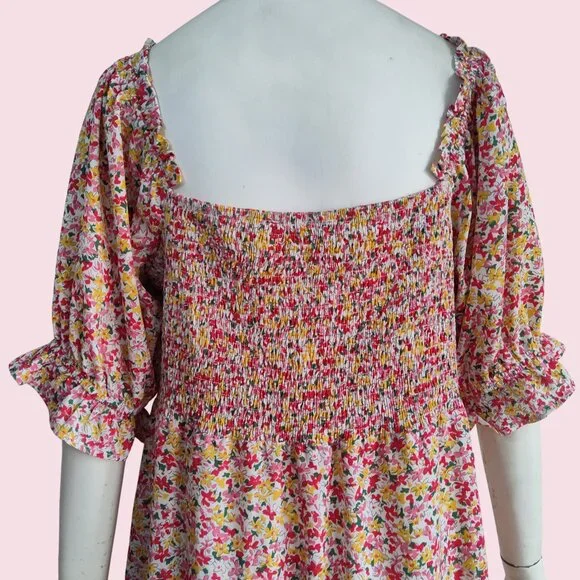 Lush Boho Ditsy Floral Smocked Back Sweetheart Neck Puff Sleeve Midi Dress Sz XL - Picture 6 of 11